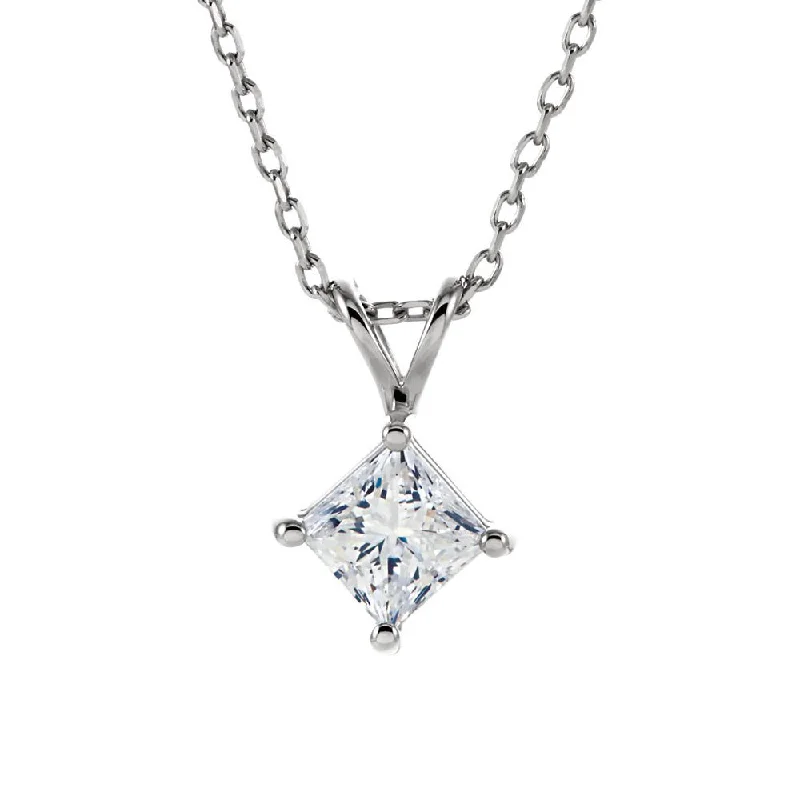 ladies-flower-cable-necklaces-1/2 Ct Princess Diamond Solitaire Necklace in 14k White Gold, 18 Inch