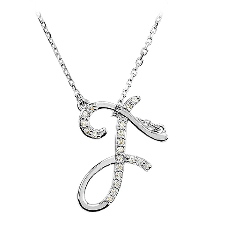 ladies-delicate-rose-gold-necklaces-1/10 Ctw Diamond Sterling Silver Medium Script Initial F Necklace 16in