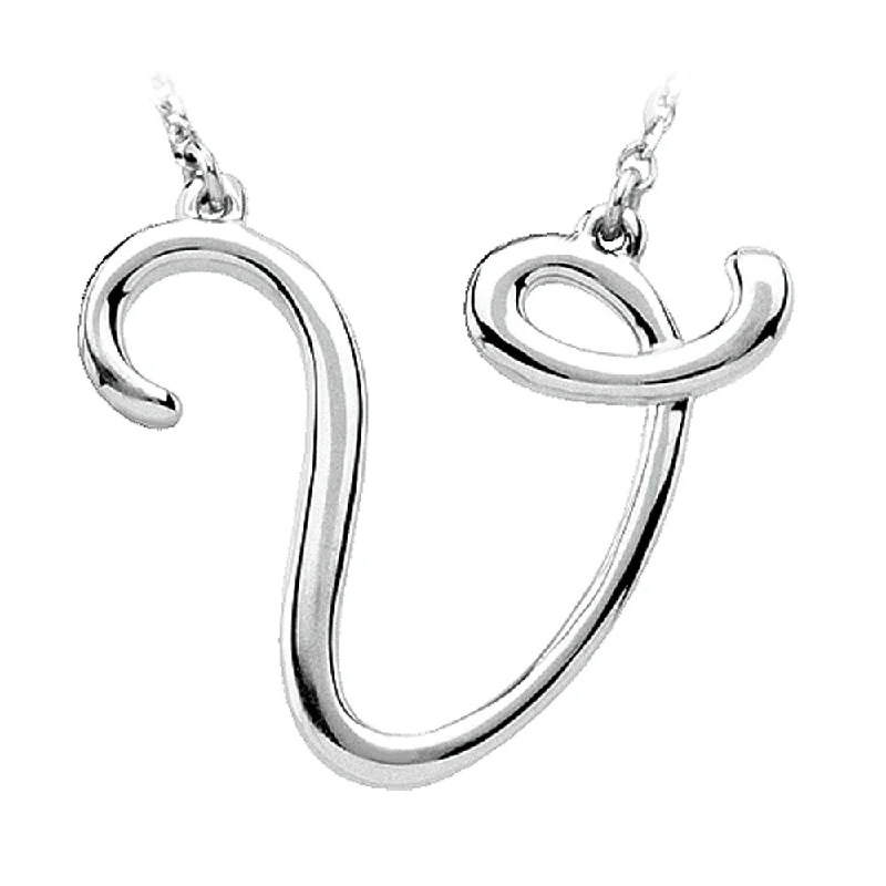 ladies-luxury-silver-necklaces-14k White Gold, Olivia Collection, Medium Script Initial V Necklace