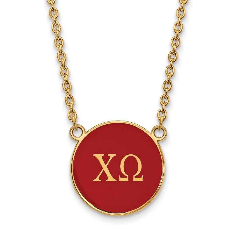 ladies-trendy-silver-necklaces-14K Plated Silver Chi Omega Lg Red Enamel Disc Greek Letters Necklace