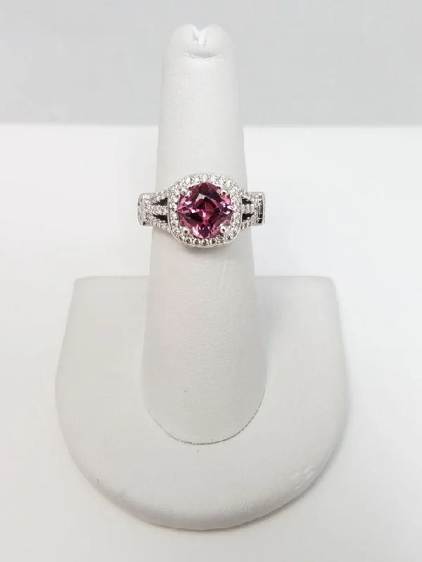 Ladies rings with plum garnet -Precious 18k White Gold Natural Tourmaline Diamond Ring