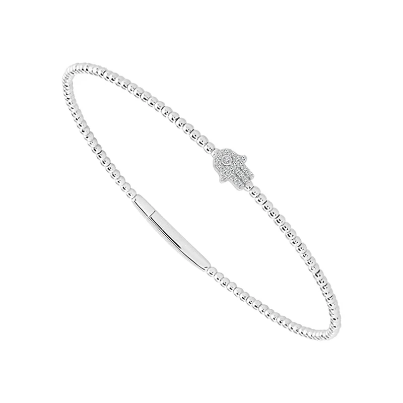 ladies-charm-wire-bracelets-Flexible Hamsa Diamond Bangle Bracelet in 14 Karat White Gold