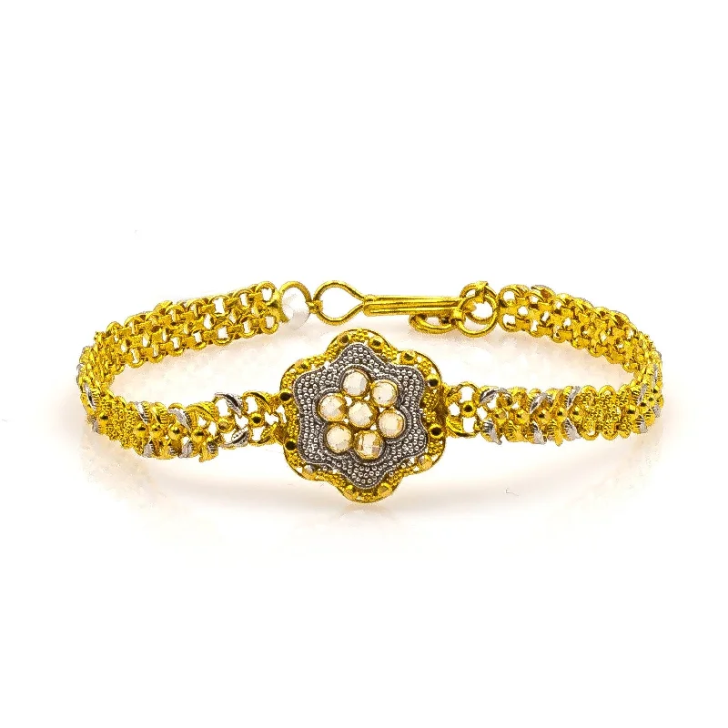 ladies-modern-rope-bracelets-22K Multi Tone Gold Bracelet W/ Leaf Link & Faceted Double Flower Pendant