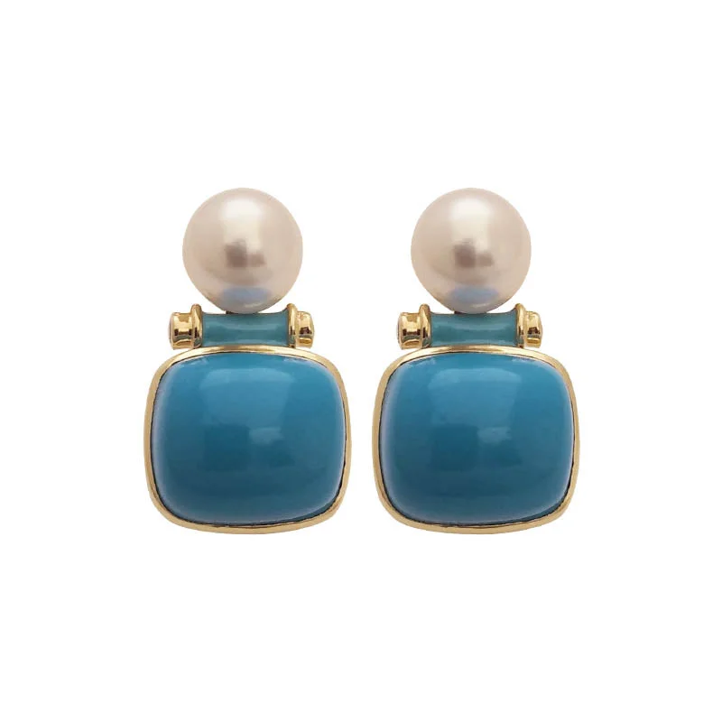 Ladies earrings personalized charms -EARRINGS- SYNTHETIC TURQUOISE, S.S. PEARL AND DIAMOND IN 18K GOLD WITH ENAMEL