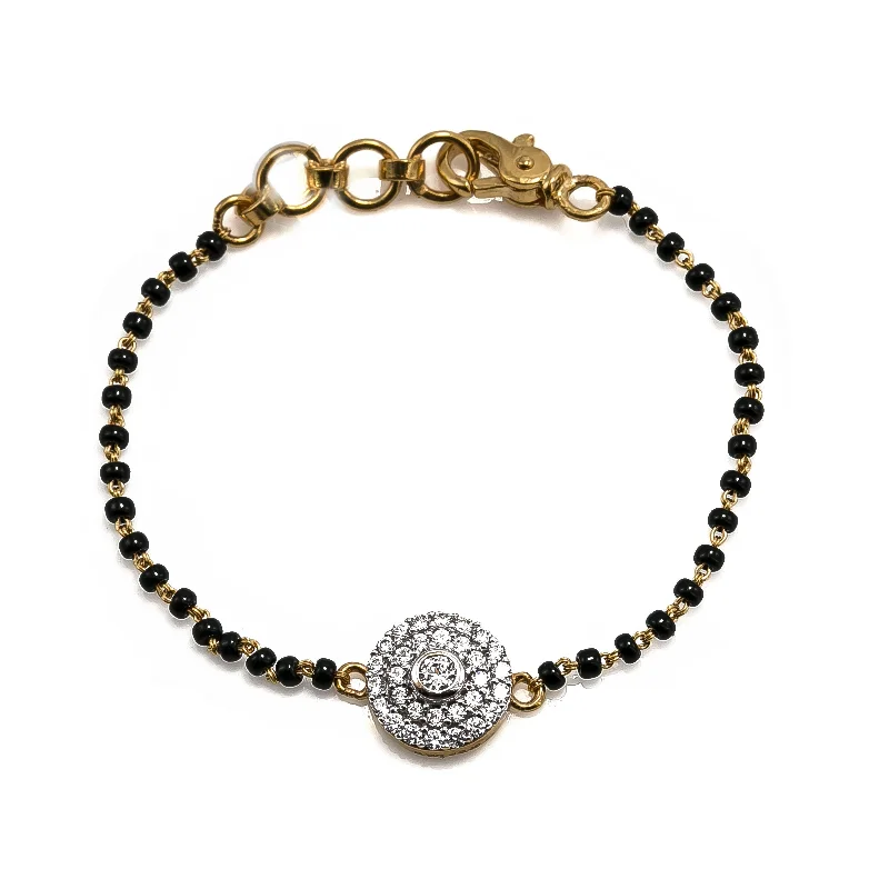 ladies-silver-rope-bracelets-22K Yellow Gold Black Bead Bracelet W/ CZ Gems & Round Layered Pendant