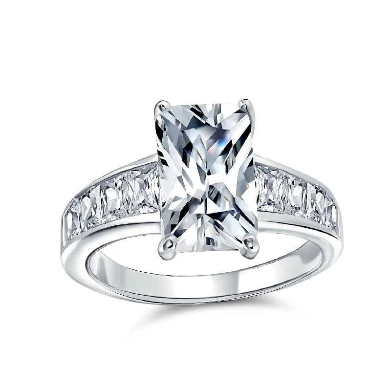 Ladies engagement rings retro vows -Timeless Classic 4CT Emerald Cut Solitaire Engagement Ring with CZ Baguette Band