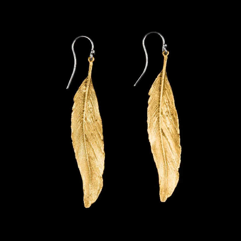 Ladies earrings with scale studs -Feather Earring - Long Single Wire Gold