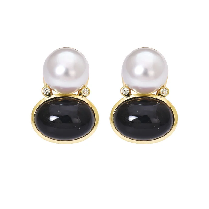 Ladies earrings twisted flair -Earrings- Black Onyx, South Sea Pearl and Diamond