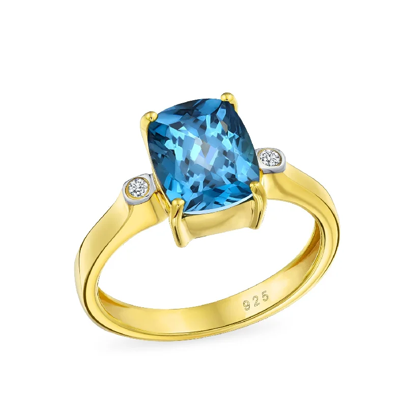 Ladies engagement rings with tide settings -3.17CT London Blue Topaz Emerald Cut Engagement Ring in 14K Gold Plated Silver