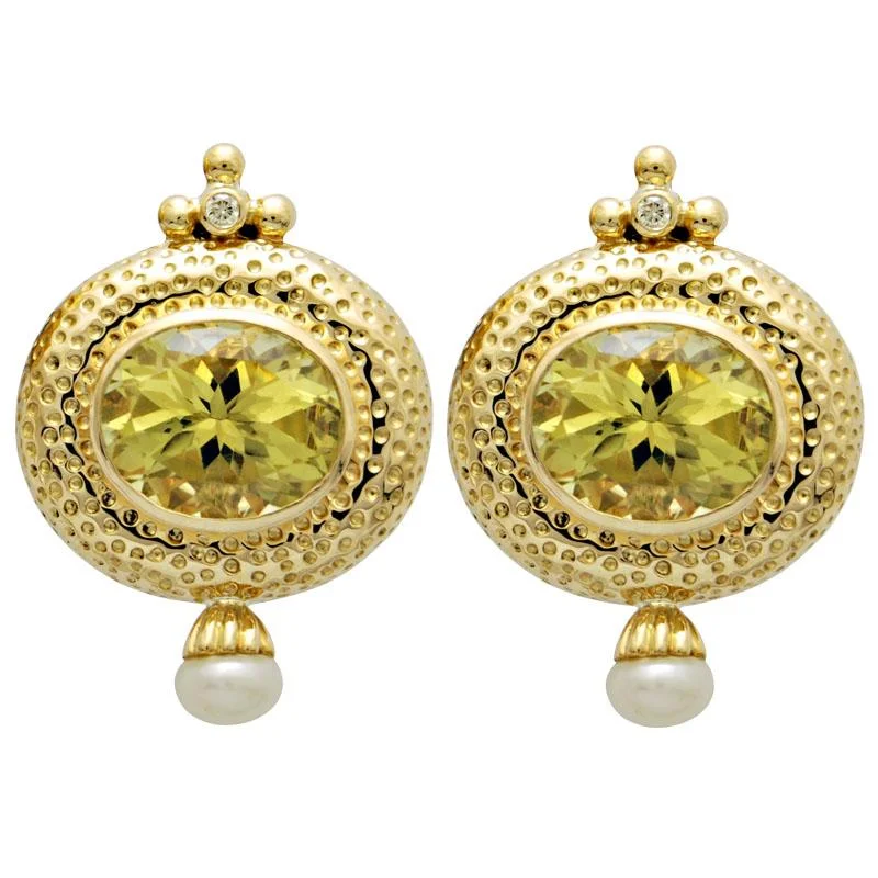 Ladies earrings with ash apatite -Earrings-Lemon Quartz, Pearl and Diamond  (1623I)