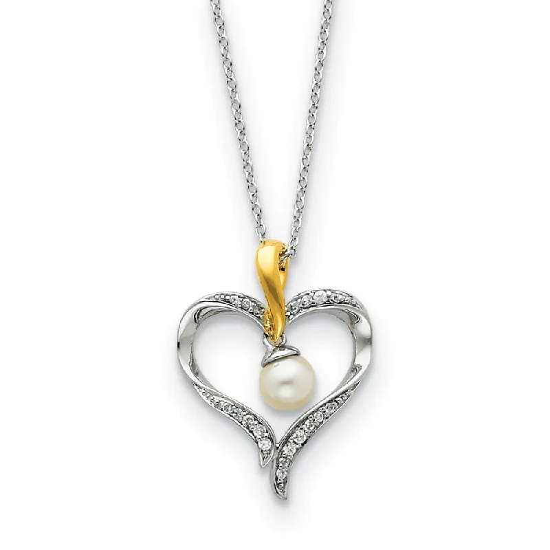 ladies-star-bar-necklaces-Plated Sterling Silver, FW Cultured Pearl & CZ Heart & Soul Necklace