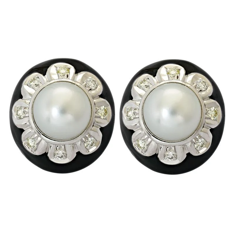 Ladies earrings with peach calcite -Earrings-South Sea Pearl and Diamond (Enamel)  (213BS)