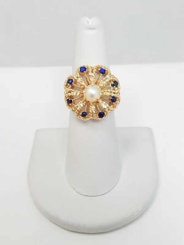 Ladies rings for ocean days -Vintage 14k Yellow Gold Open Work Pearl and Sapphire Ring