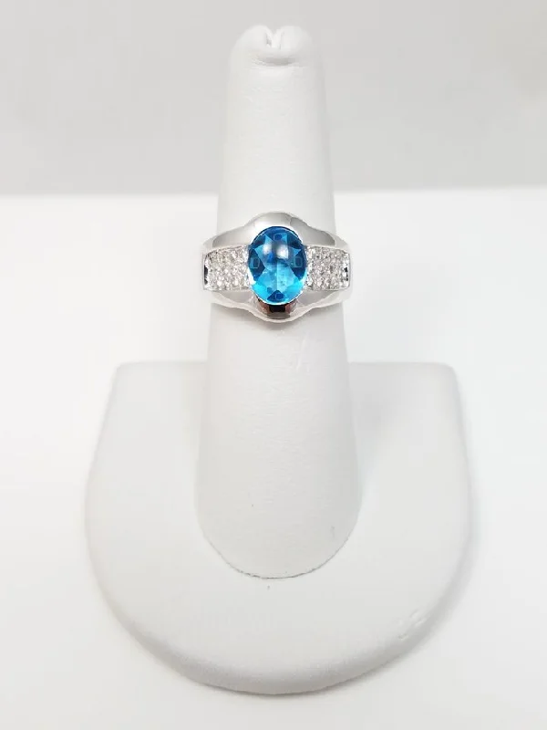 Ladies rings bloom elegance -Flashy 18k White Gold Natural Blue Topaz Diamond Ring