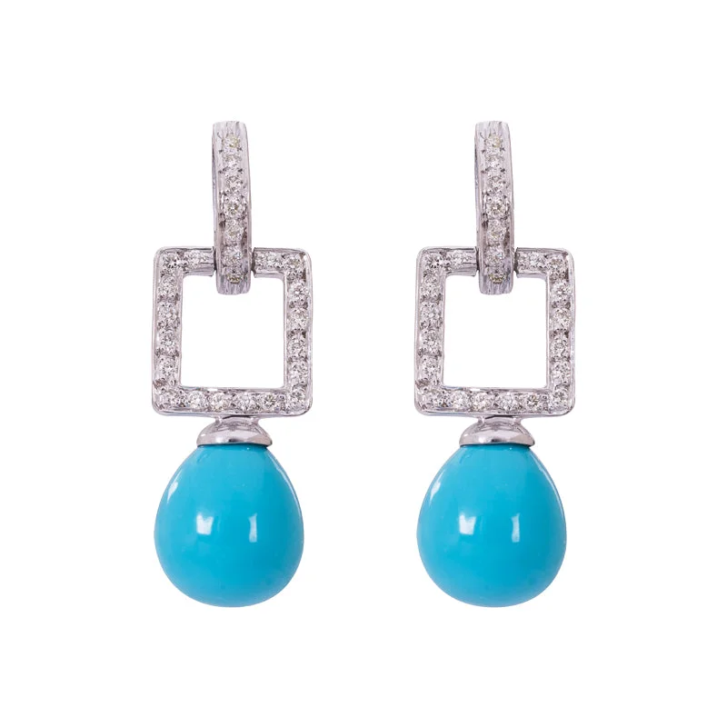 Ladies earrings with chord drops -Earrings - Synthetic Turquoise and Diamond in Silver