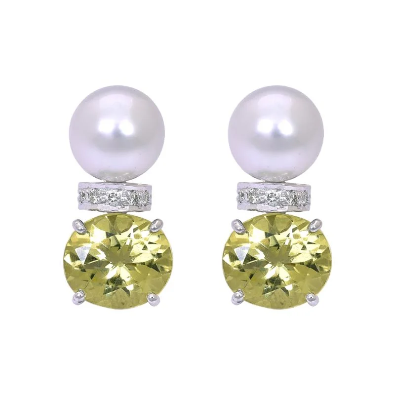 Ladies earrings sleek elegance -Earrings- Lemon Quartz, South Sea Pearl and Diamond  (263BS)