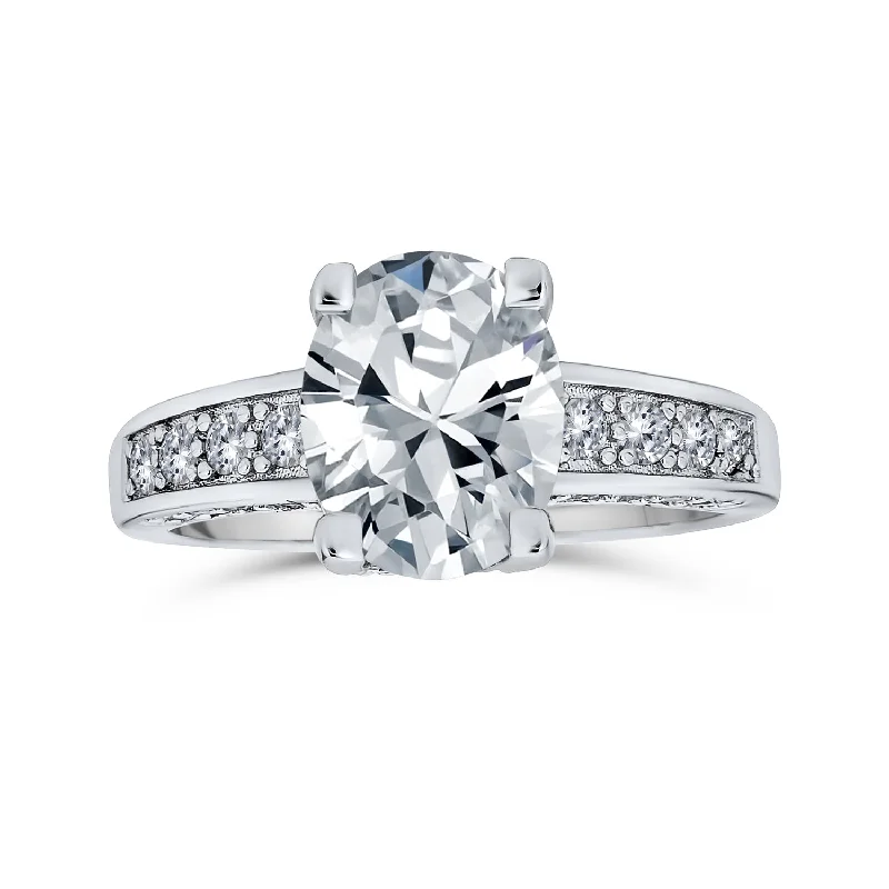 Ladies engagement rings with hop accents -925 Sterling Silver AAA CZ Oval Solitaire Engagement Ring with Zirconia Band