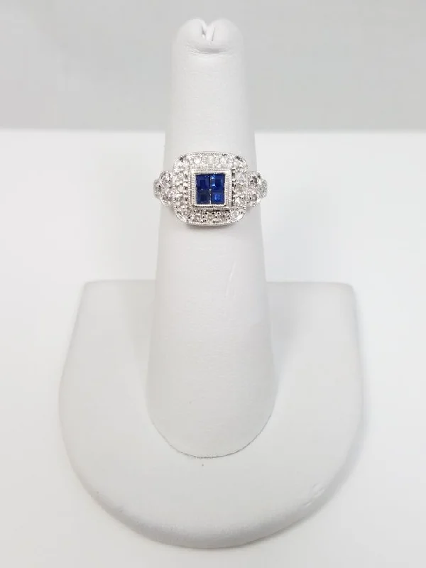 Ladies rings sleek modernity -Classy Ladies 14k White Gold Natural Sapphire Diamond Ring