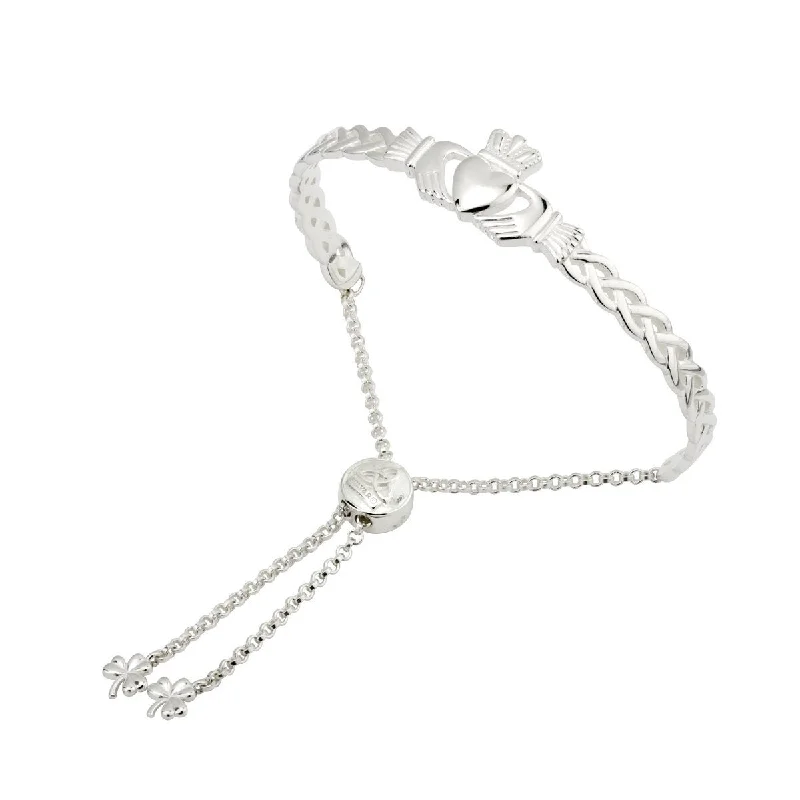 ladies-flower-open-cuff-bracelets-Sterling Silver Claddagh Draw String Bangle Bracelet S5888