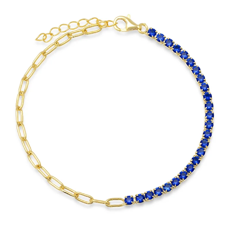 ladies-diamond-wire-bracelets-HALF & HALF PAPERCLIP BLUE TENNIS BRACELET, GOLD