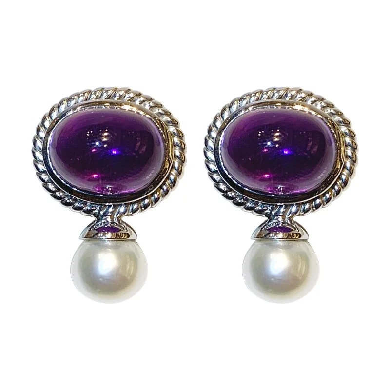 Ladies earrings polished sparkle -Earrings- Amethyst and Pearl in Silver