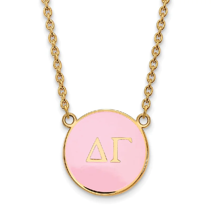 ladies-gemstone-bar-necklaces-14K Plated Silver Delta Gamma Large Pink Enamel Disc Necklace