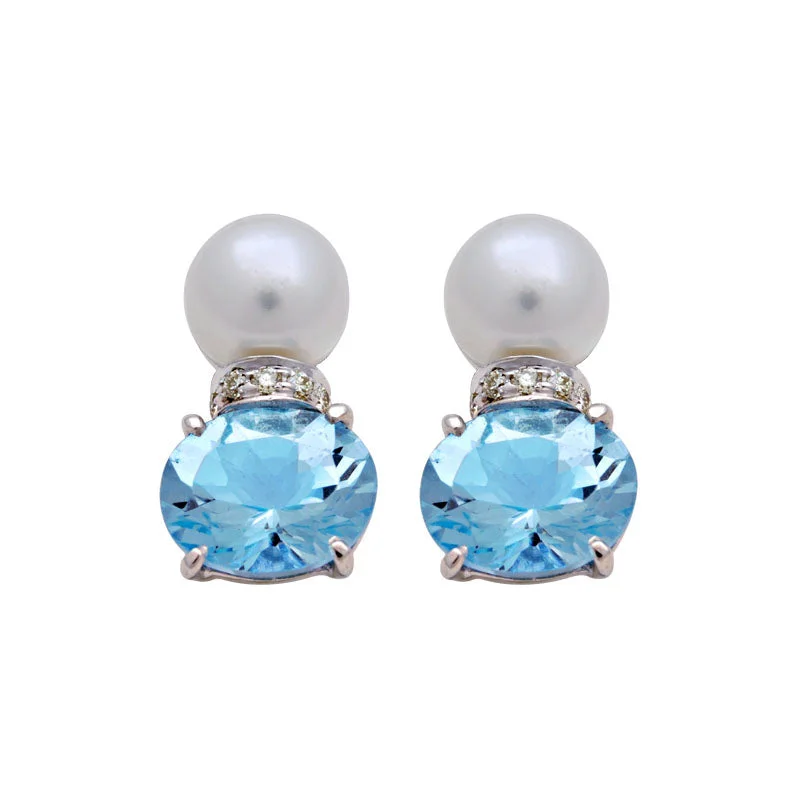 Ladies earrings with hoof studs -Earrings- Blue Topaz, S.S. Pearl and Diamond in Silver