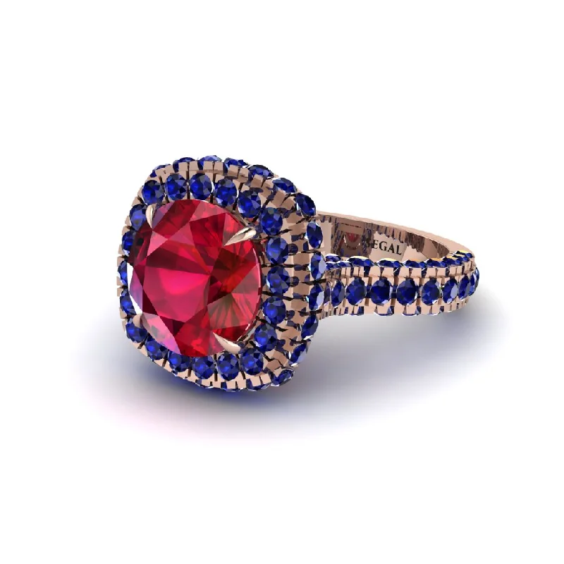 Ladies engagement rings for travel unions -Ruby Pave Double Halo Engagement Ring - Eve No. 71