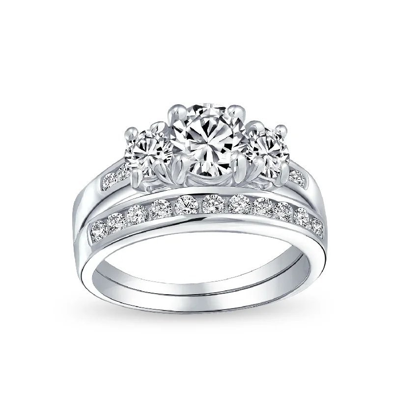 Ladies engagement rings with chord settings -Classic 3CT Round Cocktail Statement Ring CZ Sterling Silver Engagement Set