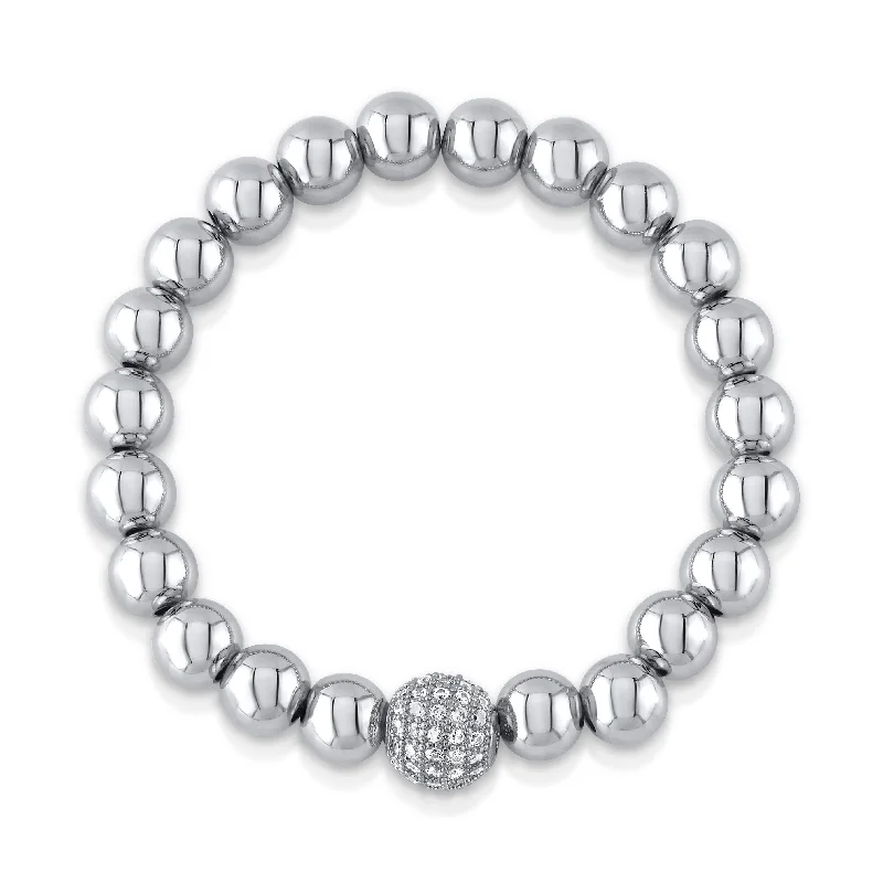 ladies-affordable-pearl-bracelets-10MM CZ BALL STRETCH BRACELET, SILVER