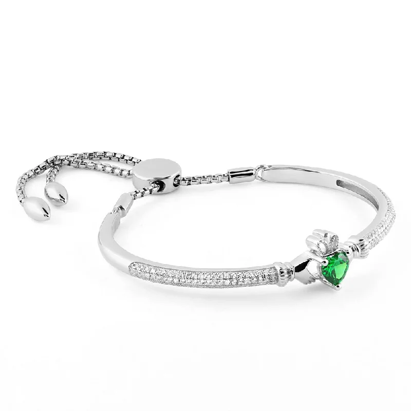 ladies-wedding-rose-gold-bracelets-Sterling Silver Claddagh Bracelet with White and Green CZs SB-S5890