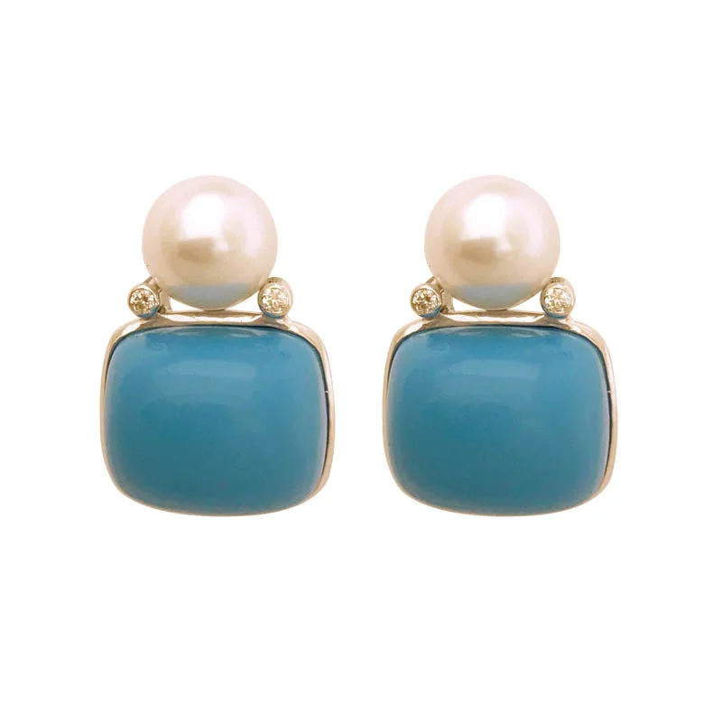 Ladies earrings unique shine -EARRINGS- SYNTHETIC TURQUOISE, S.S. PEARL AND DIAMOND IN STERLING SILVER