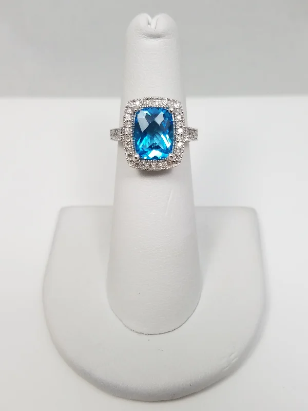 Ladies rings quirky elegance -Precious 14k White Gold Natural Blue Topaz Diamond Ring