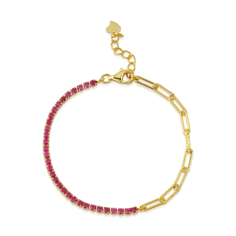 ladies-charm-open-cuff-bracelets-HALF & HALF PAPERCLIP PINK TENNIS BRACELET, GOLD