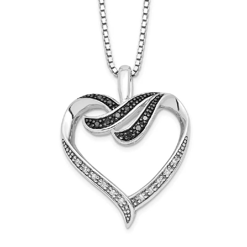 ladies-bohemian-link-necklaces-Black & White Diamond 22mm Ribbon Heart Necklace in Sterling Silver