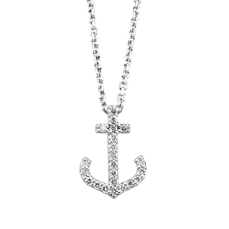 ladies-modern-diamond-necklaces-1/8 cttw Diamond Anchor Necklace in 14k White Gold