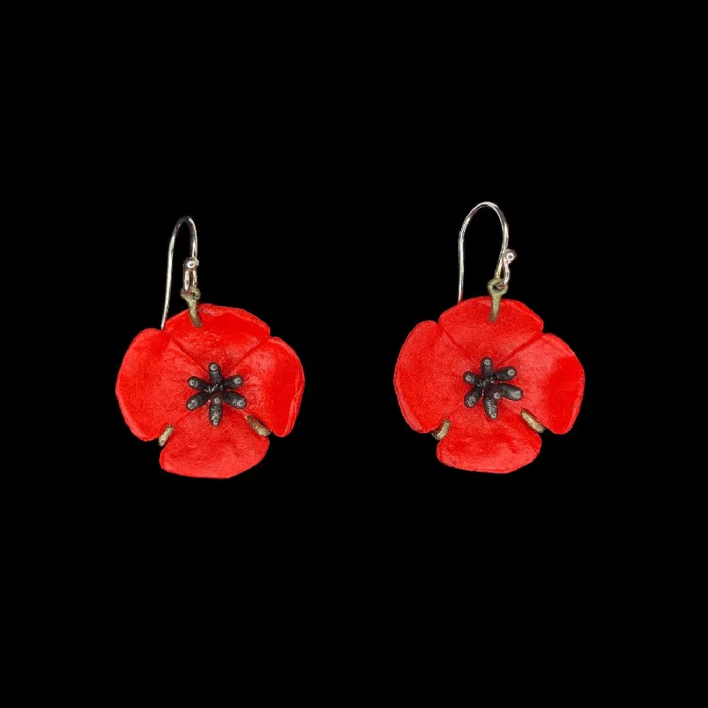 Ladies earrings with prism studs -Red Poppy Earrings - Wire Drop