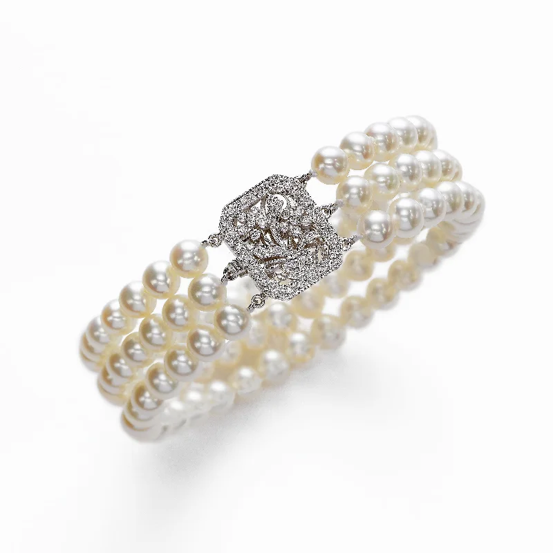 ladies-sterling-silver-braided-bracelets-Triple Cultured Pearl And Diamond Bracelet, 14K White Gold