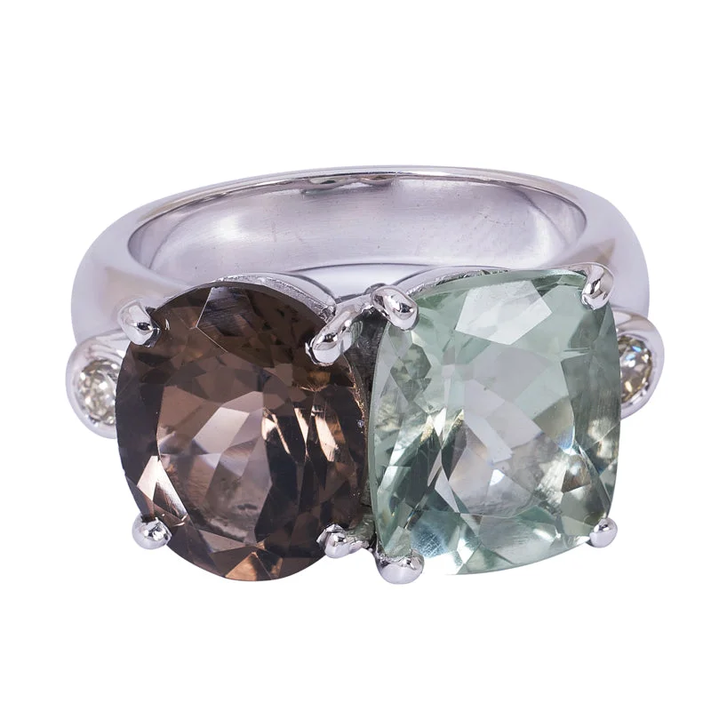 Ladies rings refined silhouette -Ring - Green Quartz, Smokey Quartz and Diamond in Sterling Silver