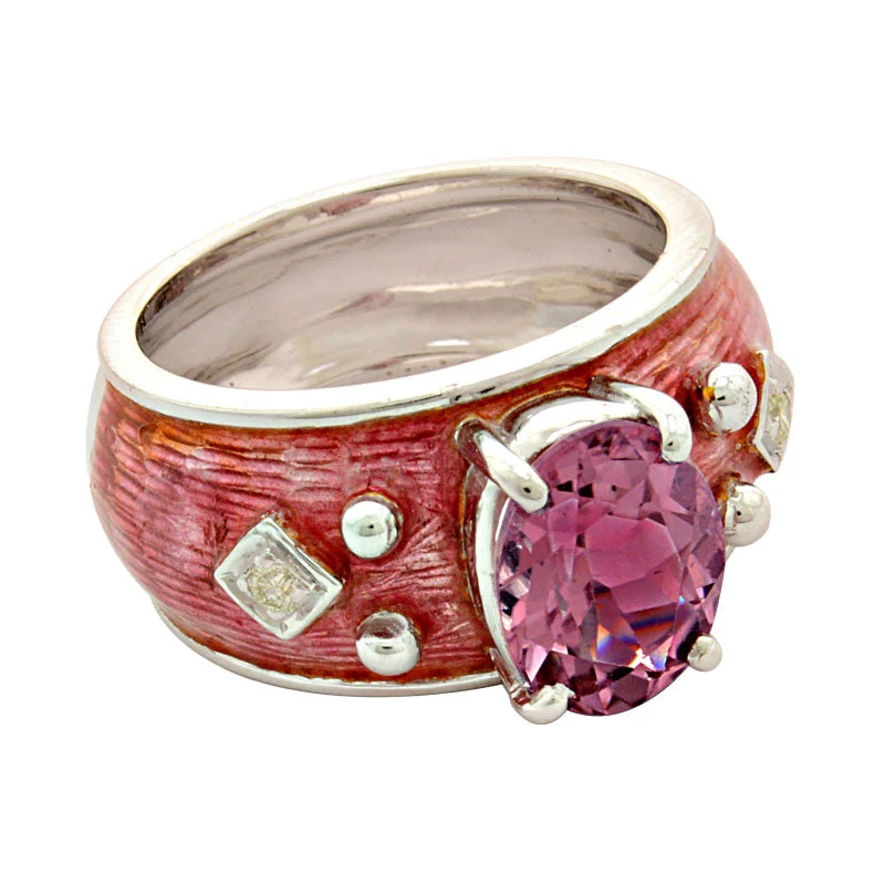 Ladies rings with midnight quartz -Ring- Pink Tourmaline And Diamond (enamel) (91HS)