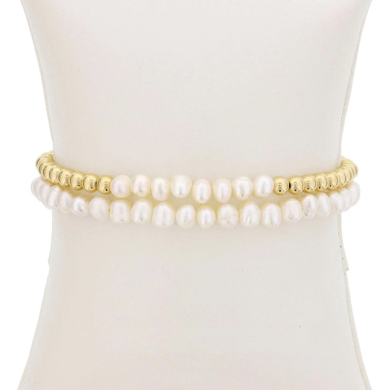 ladies-crystal-open-cuff-bracelets-Freshwater Cultured Pearls and Gold Filled Beads, 4 MM, Stretch Bracelets, Set of 2