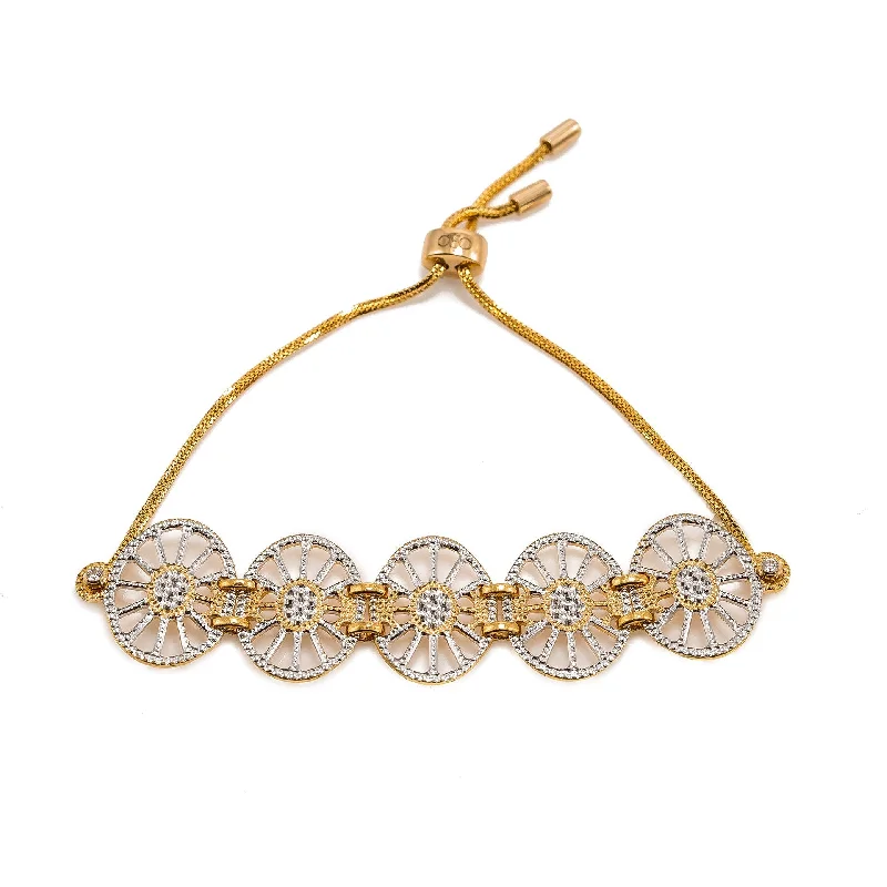 ladies-ethnic-gold-bracelets-22K Multi Tone Gold Bracelet W/ CZ Gems, Wheel Spoke Pendants & Drawstring Closure