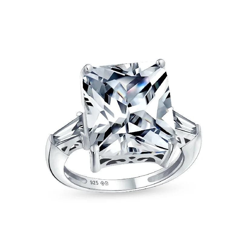 Ladies engagement rings with antler settings -Art Deco 7CT Emerald Cut Engagement Ring with Baguette Side Stones in Silver