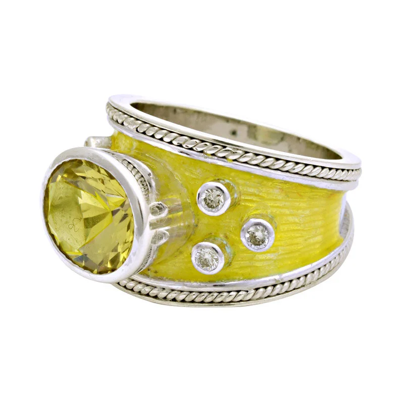 Ladies rings with zirconia sparkle -Ring-Lemon Quartz and Diamond (Enamel)