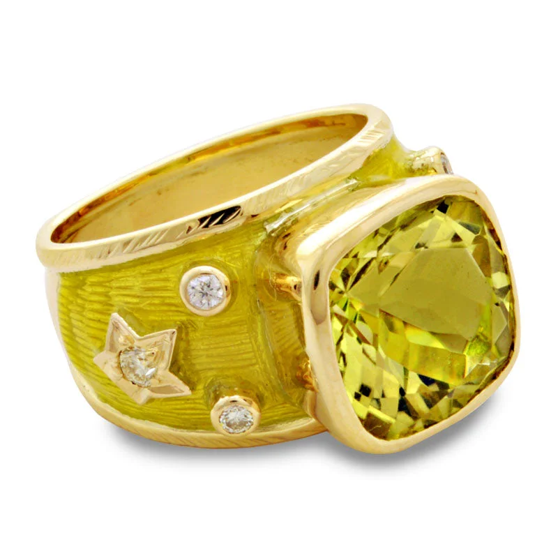 Ladies rings 22k gold finish -Ring-Lemon Quartz and Diamond (Enamel)