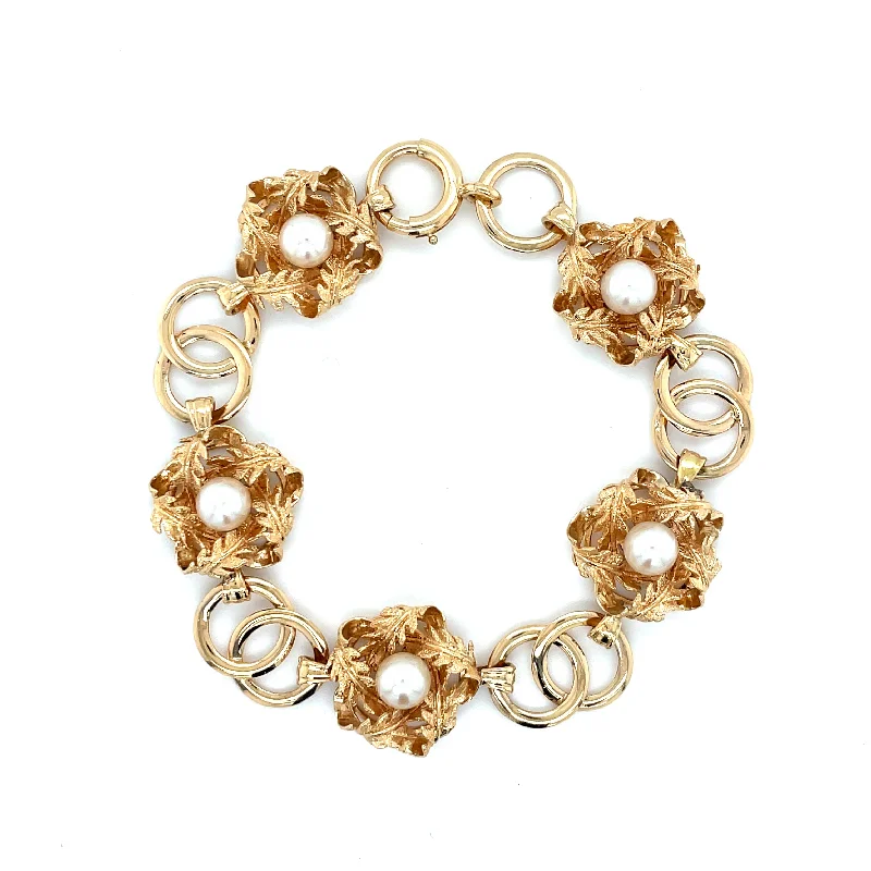 ladies-charm-wire-bracelets-ESTATE 14KY Gold Bird's Nest Style Pearl Bracelet