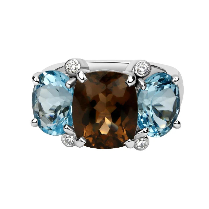 Ladies rings bold elegance -Ring - Smoky Quartz And Blue Topaz With Diamond