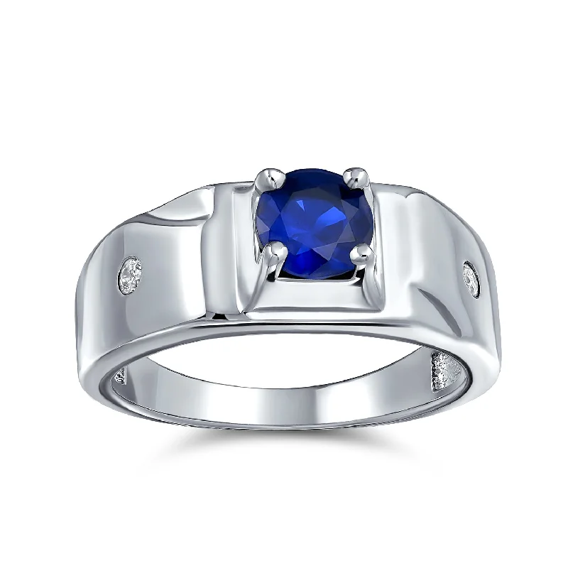 Ladies engagement rings ripple vows -Unisex 1CTW Round Blue Sapphire CZ Men's Engagement Ring in Sterling Silver