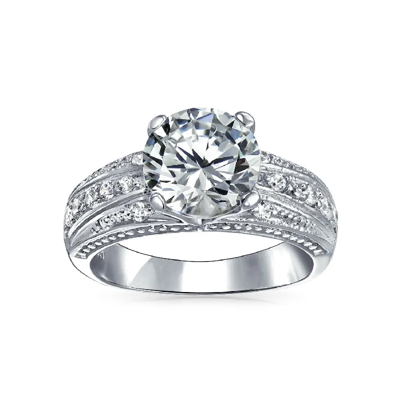 Ladies engagement rings for fair-day love -Vintage Antique Style 3CT CZ Solitaire Engagement Ring with Milgrain Edge Band