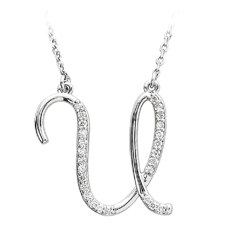 ladies-classic-cable-necklaces-1/8 Ctw Diamond 14k White Gold Medium Script Initial U Necklace, 17in